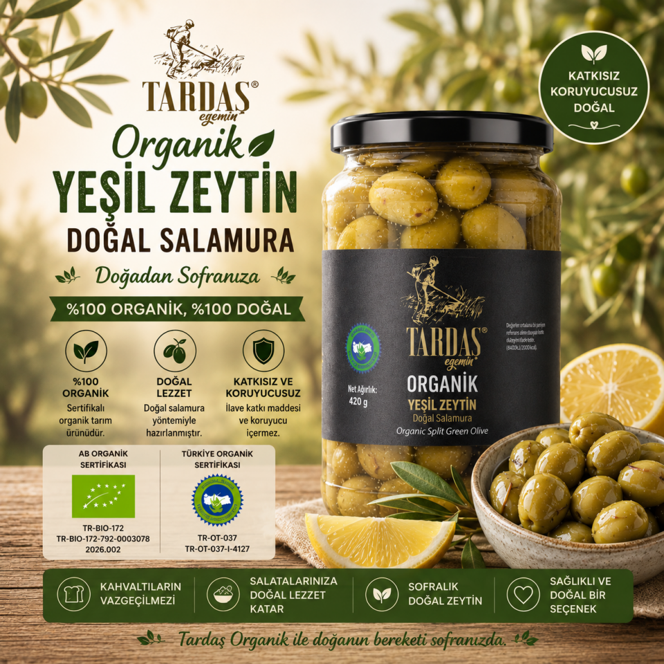 Organik Yeşil Zeytin (Çizik) 420 Gr